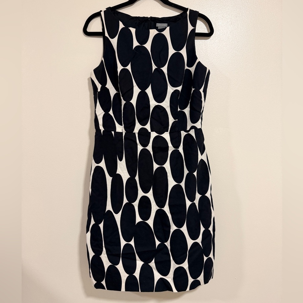 Ann Taylor Womens Dress 10 Cotton Silk Polka-Dot Black Cream Lined‎ Quiet Luxury